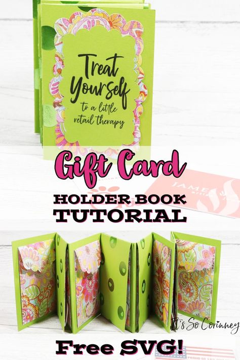 Looking for a cute way to give multiple gift cards as a gift? Then check out this easy to make DIY gift card holder book tutorial and free SVGs! This cute gift card holder book is a unique way to dress up giving gift cards! #cricut #homemade #crafts Gift Card Envelope Design, Gift Card Wallet Diy, Diy Gift Card Holder Ideas Paper Crafts, Gift Card Booklet Ideas, Gift Card Book Ideas For Christmas, Gift Card Booklet Diy, Giftcard Present Book, Gift Card Photo Album Ideas, Photo Album Gift Card Ideas