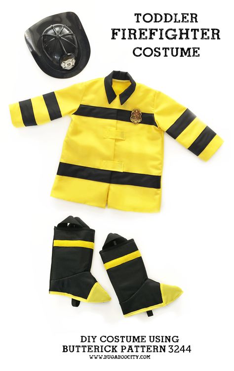 I created this fun handmade Toddler Firefighter costume using a Butterick sewing pattern. Read how I created my own fabric that was perfect for this firefighter costume! Toddler Fireman Costume, Toddler Firefighter Costume, Firefighter Costume Kids, Sewing Crafts For Kids, Firefighter Boots, Fireman Costume, Charity Sewing, Firefighter Costume, Boots Diy