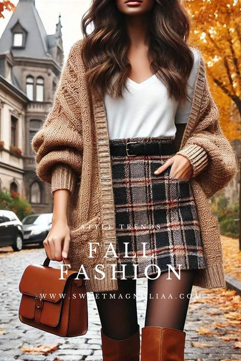 Wrap up in style this fall with our must-have fashion guide! Featuring a cozy knit cardigan and a classic plaid skirt, this outfit is perfect for embracing the autumn chill. #fashion Cozy Fall Skirt Outfits, Plaid Skirt Boots Outfit, Fall 2024 Street Fashion, Casual Thanksgiving Day Outfits, Skirt Outfit Fall 2024, How To Wear A Plaid Skirt, Skirt Outfits Fall 2024, Fall Plaid Skirt Outfit, Plaid Mini Skirt Outfit Fall