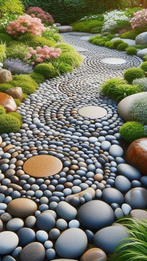 Rocks In Landscape, Rock Beds Around House, Rock Walkway, Bamboo Hut, Diy River Rock, Front Yards Diy, Rock Yard, Aesthetic Rock, Landscaping Rock