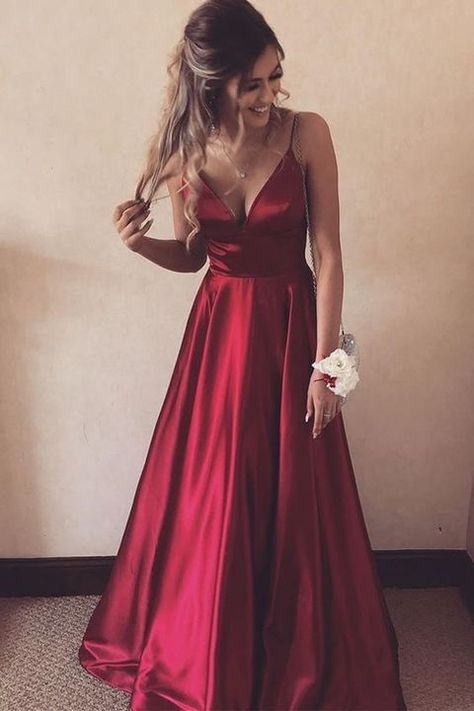 Dark Red Prom Dress, Red Long Prom Dress, Prom Dress V Neck, Satin Long Prom Dress, Burgundy Prom Dress, Cute Prom Dresses, Red Prom, Pretty Prom Dresses, فستان سهرة