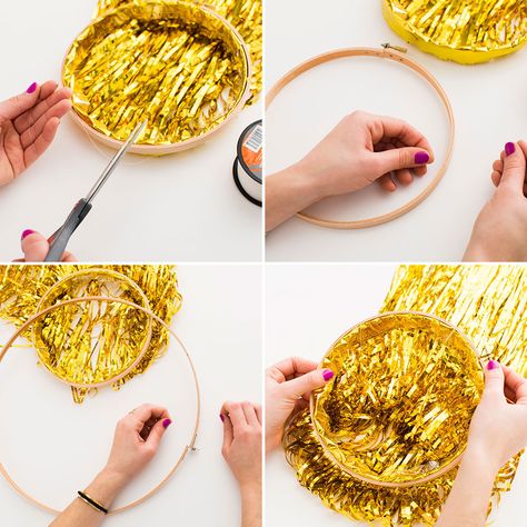 DIY a faux chandelier out of fringe curtains with this easy DIY. Fringe Chandelier Party, Tinsel Fringe Chandelier, Streamer Chandelier Diy, Diy Ceiling Fringe, Tinsel Chandelier Diy, Diy Tinsel Chandelier, Diy Fringe Chandelier, Faux Chandelier, Ceiling Rings