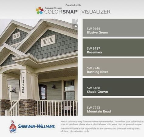 Green Exterior Paints, Color Visualizer, Green Exterior House Colors, Grey Exterior House Colors, Green House Exterior, Gray House Exterior, Mountain Home Exterior, Best Exterior Paint, House Paint Color Combination