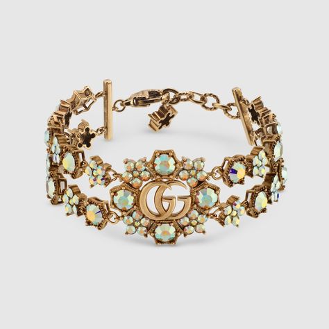 Shop the Double G crystal flowers bracelet in gold at GUCCI.COM. Enjoy Free Shipping and Complimentary Gift Wrapping. Gucci Bracelet, Crystal Flowers, Fall Rings, Designer Bracelets, Bracelets Design, Crystal Bangle, Patent Leather Shoes, Gucci Fashion, Gold Tone Metal