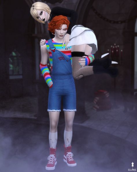 ELLONE - SQUAD GHOULS COLLECTION Chucky Sims 4 Cc, Sims 4 Beetlejuice Cc, Sims 4 Cc Halloween Costumes, Tiffany Bride Of Chucky, Tiffany Bride, Squad Ghouls, Chucky Costume, Cc Hair, Sims 4 Mm Cc