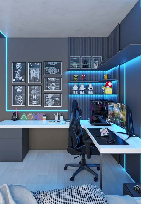 Gamer Room Design, Joululahjat Diy, Small Game Rooms, Gaming Bedroom, Gamer Bedroom, Teen Boy Room, Boy Bedroom Design, Bedroom Curtain, Bedroom Setup