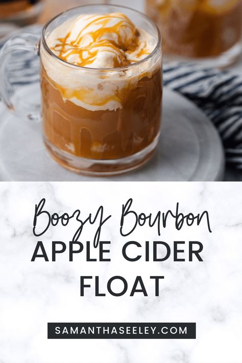 This bourbon apple cider float is a sweet treat packed with a burst of fall flavors and most importantly, a shot of my favorite booze, bourbon. #fallrecipe #applecider #bourbon #appleciderfloat #boozy Boozy Apple Cider, Apple Cider Floats, Bourbon Caramel Sauce, Bourbon Apple Cider, Fall Soup Recipes, Fall Recipes Healthy, Apple Dessert Recipes, Chili Recipe Easy, Festive Drinks