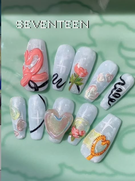 Seventeen Nails, K Pop Nails, Concert Nails, Fake Nails Designs, Retro Nails, Asian Nails, Beauty Nails Design, French Tip Acrylic Nails, Pretty Gel Nails