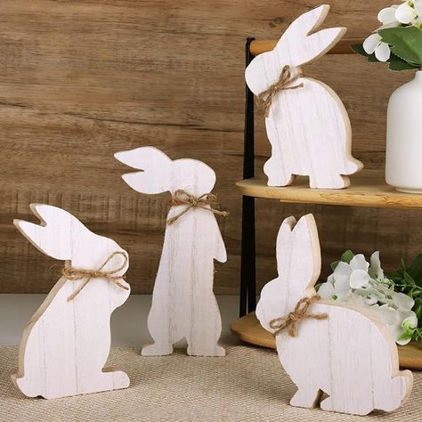 Treory Easter Decorations for the Home: 4 pcs Easter Bunny Natural Wooden Table Centerpiece Signs Easter Decor Rustic Freestanding Tabletop for Home Tiered Tray Decor Farmhouse Decor for Easter Gifts 3ad #easter #decor Rustic Easter Decor, Farmhouse Easter Decor, Wood Tags, Bunny Figurine, Easter Bunny Decorations, Bunny Decor, Easter Signs, Easter Table Decorations, Easter Ideas