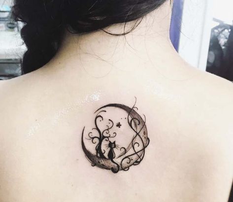 Simple Witchy Tattoos, Witchy Cat Tattoo, Cat And Moon Tattoo, Kitty Tattoos, Wiccan Tattoos, Cute Cat Tattoo, Cat And Moon, Black Cat Tattoos, Witch Tattoo