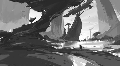 ArtStation - Composition Sketches, Liang Mark Composition Sketch, Shape Language, Environment Sketch, Sketches Drawing, Creative Book Covers, Environment Painting, Bg Design, Concept Art Tutorial, Concept Art World