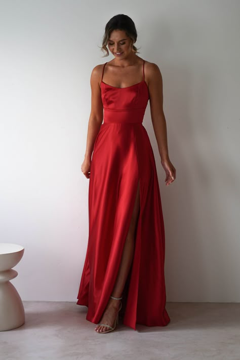 Leelie Silky Satin Maxi Gown | Red Deep Red Satin Dress, Sliky Long Dresses, Red Marine Corps Ball Dress, Winter Formal Dresses Long Simple, Red Bridesmaid Dresses Aesthetic, Red Winter Formal Dresses Long, Long Red Silk Dress, Red Dress Bridesmaids, Red Satin Formal Dress