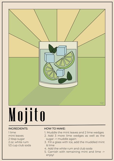 Mojito RecipeillustratedIllustrationartposterdrinkdrawingcanvahow to makeingredientskitchenCocktailalcohol Ingredients Poster Design, Drink Poster Illustration, Alcohol Drink Drawing, Drink Recipe Illustration, Drink Recipe Poster, Cocktail Illustration Art, Drink Art Illustration, Alcohol Poster Design, Cocktail Illustration Graphic Design