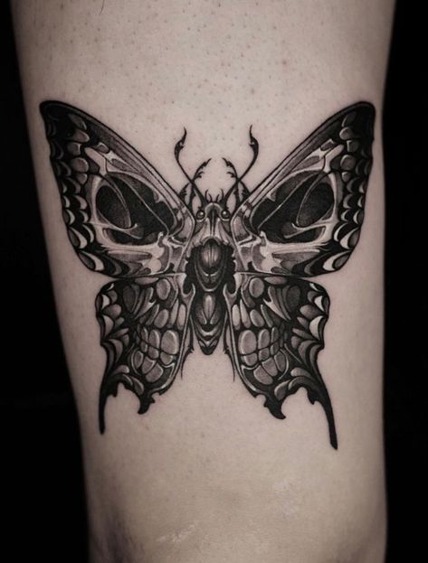 Skeleton Moth Tattoo, Mystic Tatoos, Butterfly Sleeve Tattoo, Skull Butterfly Tattoo, Butterfly Thigh Tattoo, Mens Butterfly Tattoo, Skulls Tattoo, Cute Thigh Tattoos, Mystical Tattoos