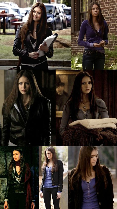 Elena Gilbert Leather Jacket, Elena Gilbert Jacket, Elana Outfit, Elena Gilbert Outfits Halloween, Elena Gilbert Body Type, Vampire Diaries Aesthetic Outfits, The Vampire Diaries Outfits, Elena Gilbert Clothes, Elena Gilbert Outfits