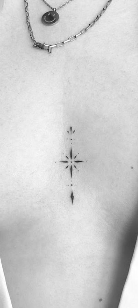 North Star Tattoo Sternum, Small In Between Breast Tattoo, Compass Sternum Tattoo, Middle Of Breast Tattoo For Women, Tattoo Between Breast Women, Breast Bone Tattoos For Women, Vine Sternum Tattoo, Sternum Tattoo Big Bust, Fine Line Chest Tattoo