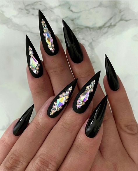 Dark Stiletto Nails, Gel Black Nails, Classy Black Nails, Bedazzled Nails, Black Chrome Nails, Pink Tip Nails, Black Stiletto Nails, Black Coffin Nails, Matte Black Nails