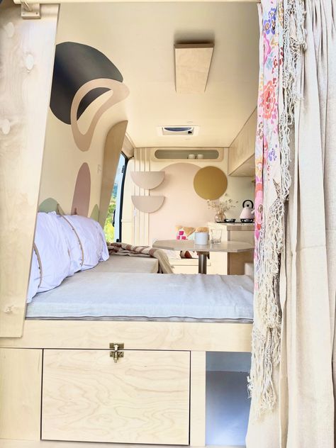 Van Interior Design, Hand Painted Mural, Camper Van Kitchen, Van Kitchen, Storage Fridge, Campervan Bed, Painted Mural, Converted Vans, Camper Interior Design