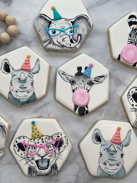 Birthday Hat Cookies Decorated, Party Animal Birthday Cookies, Party Animal Cookies Decorated, Party Animal Cookies, Two Wild Cookies, Zoo Animal Cookies, Watercolor Sugar Cookies, Zoo Cookies, Animal Sugar Cookies