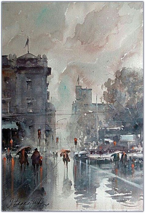 Sky King, Rainy City, Watercolor Blog, Rain Painting, Watercolor Architecture, Umbrella Art, City Street, Winter Art, Watercolor Sketch