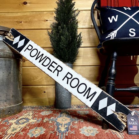 "Add a touch of the slopes to your home with this Powder Room ski trail sign! Finished in our New Modern distressing, it's perfect for rustic home or chic ski chalet!  Each sign is handcrafted from new wood. They are carefully distressed to create that perfect look to complement a variety of styles.  Modern Distressing is a light distressing & finished with our Signature Nail Holes. -->If you would like this sign in our Signature Distressing please contact us! This sign is Ready to ship! The one Ski Cabin Bathroom, Retro Ski Lodge Decor, Skiing Decor, Ski Lodge Bathroom, Chalet Decor, Ski Bathroom, Ski Decor Ideas, Mountain Bathroom Ideas, Modern Ski Chalet Interiors