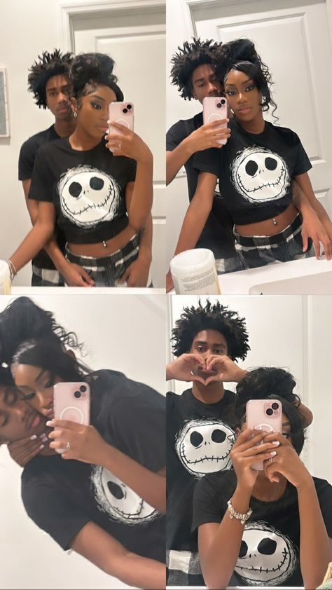 Couples On Halloween, Cute Couple Pics Ideas, Couple Halloween Costumes Black Couples, Halloween Couple Goals, Cute Black Couple Photos, Matching Black Couple Outfits, Black Couple Goals, Cute Couples Football, Black Couple Outfits