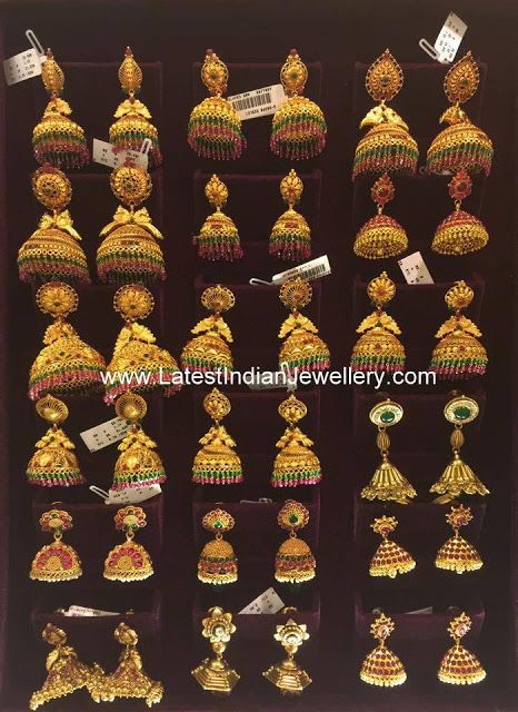 South Indian Jhumkas Collection Indian Jewelry Sets Gold, Jewelry Sets Silver, Jewelry Sets Gold, Silver Indian Jewelry, Gold Earrings Indian, Antique Gold Earrings, Gold Jhumka, Gold Jhumka Earrings, Gold Bridal Necklace