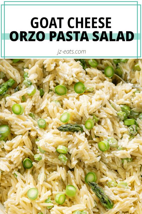 Goat Cheese Orzo Pasta Salad is great to serve for gatherings any time of year. Made with diced asparagus and creamy goat cheese, your guests will absolutely love this orzo pasta salad recipe. Goat Cheese Orzo Salad, Orzo With Goat Cheese, Lemon Goat Cheese Orzo, Goat Cheese Orzo Pasta, Pasta Salad With Goat Cheese, Goat Cheese Pasta Salad, Orzo Asparagus Recipes, Goat Cheese Orzo, Cold Orzo Salad