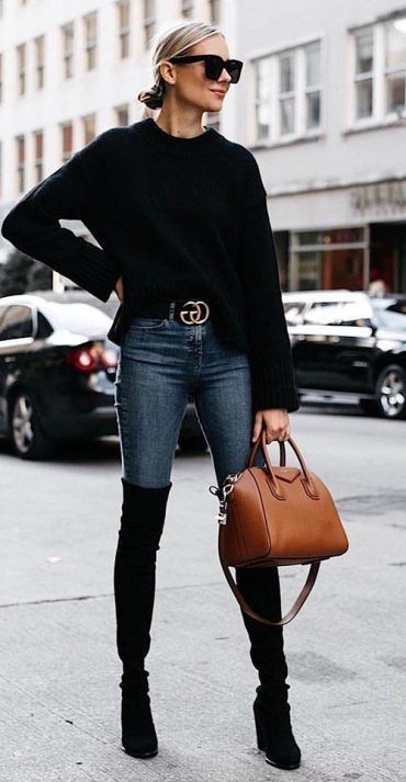 Black Sweater And Jeans, Dressy Fall Outfits, Bulky Sweater, Fall Outfits 2018, Black Pinterest, Sweater And Jeans, High Boots Outfit, Thigh Boots, Boating Outfit