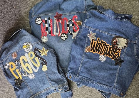 Spirit Jacket, School Mascot Jacket, School Spirit Jacket, Football Jacket - Etsy School Denim Jacket, School Spirit Denim Jacket, Painted Denim Jacket School Spirit, Painted Jeans School Spirit, Spirit Jacket, Spirit Pants, School Football Game, Senior Things, Cheer Competition