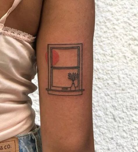 Rectangle Tattoo Placement, Fine Line Shin Tattoo, Rectangle Frame Tattoo, Windowsill Tattoo, Square Tattoo Frame, Window Frame Tattoo, Window Tattoo Simple, Square Tattoo Ideas, Daylight Tattoo