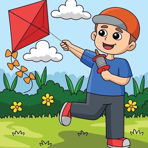 Spring Boy Flying a Kite Colored Cartoon Flying A Kite, Flying Kite, Fly A Kite, Red Kite, Boy Drawing, Kite Flying, Cartoon Images, A Cartoon, Drawing For Kids