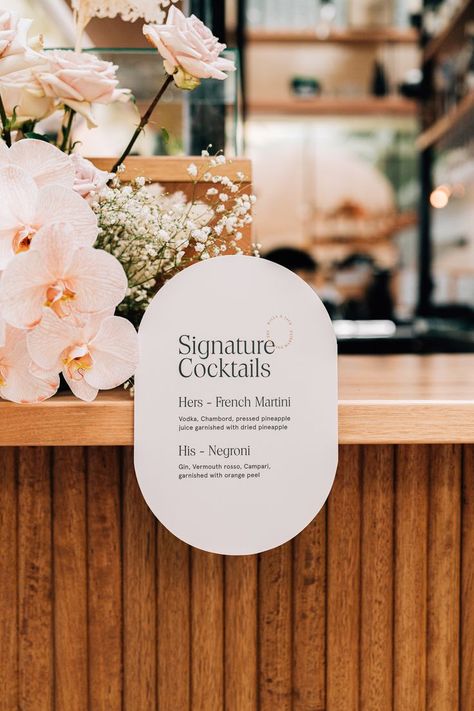 Signature Cocktail Wedding, Wedding Branding Design, Wedding Bar Signage, Cocktail Sign Wedding, Event Stationery, Event Signs, Signature Cocktails Wedding, Signature Cocktail Sign, Bar Signage