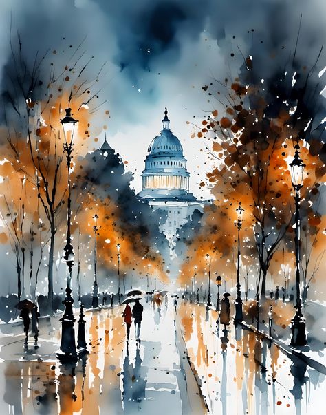 Welcome to Railroad Creek Art!  Here you will find an amazing array of high quality digital art images which you can print on any material you wish, including canvas, photo papers, watercolor art papers as well as mugs, shirt or posters. Admire the beauty of Washington DC with this stunning watercolor painting capturing the iconic capital building in the background. The wet streets reflect the rain and the autumn colors of the trees create an abstract and colorful scene. This unique piece of art Lose Watercolor Painting, Watercolor Art City, Unique Watercolor Paintings, Capital Building, Creek Art, Watercolor City, Rain Painting, Nyc Skyline, Loose Watercolor