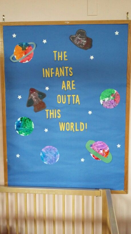 Space Themed Daycare Room, Appreciating My World Bulletin Board, August Infant Bulletin Board, Space Infant Art, Back To School Infant Bulletin Board, Summer Toddler Bulletin Boards, Infant Room Daycare Birthday Board, Fall Decor For Infant Classroom, Spaces And Places Activities For Infants