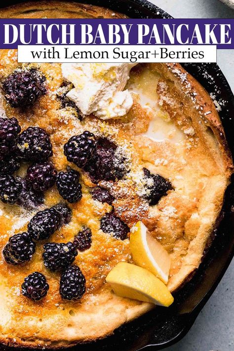 This dutch baby pancake, also called a German pancake, has delicious crispy edges, with an airy, puffy center. Topped with tangy lemon sugar and fresh blackberries. It will quickly become a favorite breakfast recipe! // cast iron skillet // easy @oregonberries Dutch Baby Pancake Recipe, Dutch Baby Recipe, Baby Pancakes, German Pancakes, Dutch Baby Pancake, Breakfast Skillet, Favorite Breakfast Recipes, Rasa Malaysia, Cherry Desserts