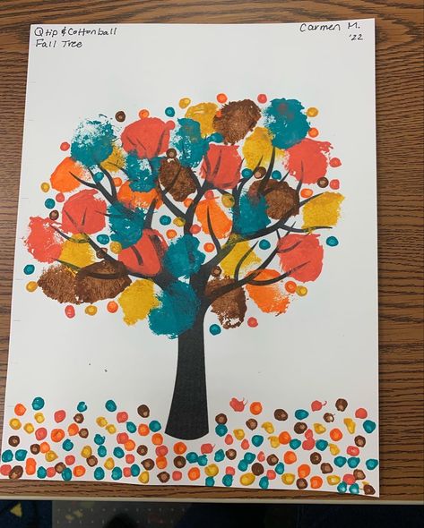 Q-tip and cotton ball painting. Crafts With Cotton Balls, Cotton Ball Painting, Cotton Ball Crafts, Jungle Painting, Ball Painting, Fall Tree, Q Tip, Easy Crafts For Kids, Cotton Ball