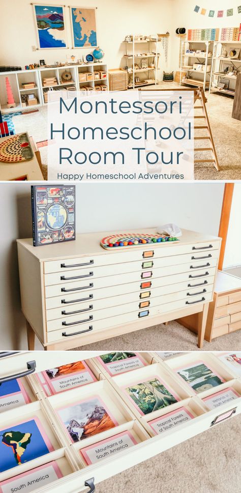 Welcome to our Montessori Homeschool Room Tour! See a homeschool setup for toddler, preschool, kindergarten, and elementary - a Montessori prepared environment with spaces for exploring sensorial, geography, language, math, and science activities. Montessori Homeschool Room, Montessori Continents, Montessori Classroom Layout, Homeschool Classroom Setup, Montessori Elementary Classroom, Montessori Culture, Rocking Bed, Homeschool Room Design, Montessori Activities Preschool