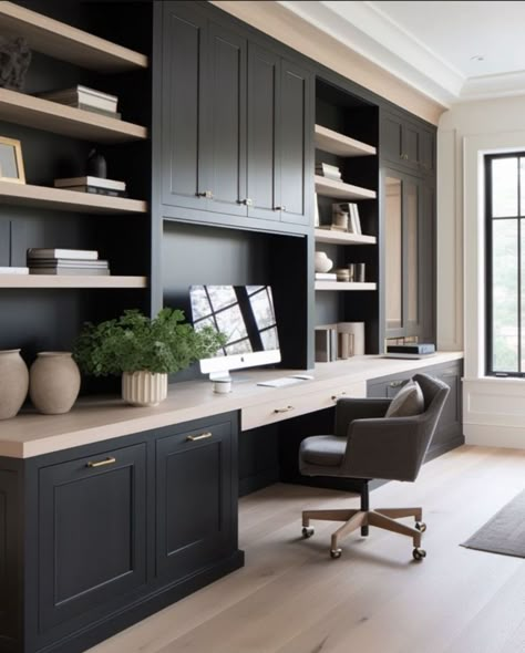 Office Wall Unit Ideas, Office Cabinets Ideas, Study Built Ins, Built In Office Desk, Built In Office, Built In Desk And Shelves, Built In Bookcases, Home Office Built Ins, Home Office Cabinets