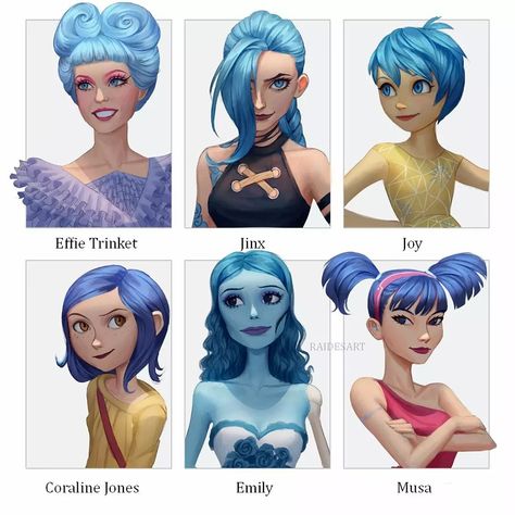 Blue Haired Characters Halloween, Blue Haired Characters, Hair Parts, Emily Corpse Bride, Effie Trinket, Coraline Jones, Character Types, Color Collage, Homer Simpson