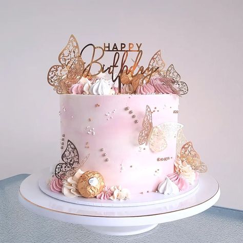 Pink And Gold Cake Butterfly, Birthday Cakes With Butterflies, Pink And Gold Butterfly Cake, Pink Butterfly Birthday Cake, Pastel Butterfly Cake, Butterfly Cake Design, Gold Butterfly Cake, Pink Butterfly Cake, Butterfly Theme Cake