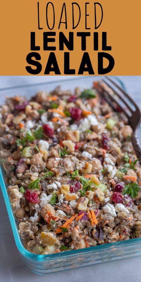 This Loaded Lentil Salad is packed with flavor and protein! Lentils are nutritional powerhouses and this salad is great for keeping you fueled all day long.  This hearty recipe can be served on its own, or enjoyed with crackers or chips.  Holiday potlucks are just around the corner and this versatile, vegetarian salad, is a great addition to any table! #lentils #vegetarianrecipe #mealprep #easylunch Winter Lentil Salad, Vegan Hearty Salad, Lentils As A Side Dish, Gluten Free Lentil Recipes, Warm Lentil Salad Recipes, Lintel Salad, Lentil Lunch Ideas, Lentil Meal Prep, Lentil Salad Recipes Cold