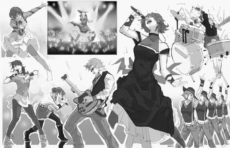 ArtStation - Random Sketches #6 - Concert~, Sai Foo Concert Drawing, Band Sketch, Concert Illustration, Singer On Stage, Singer Drawing, Guitarist Art, Random Sketches, Figure Drawing Reference, Cool Sketches