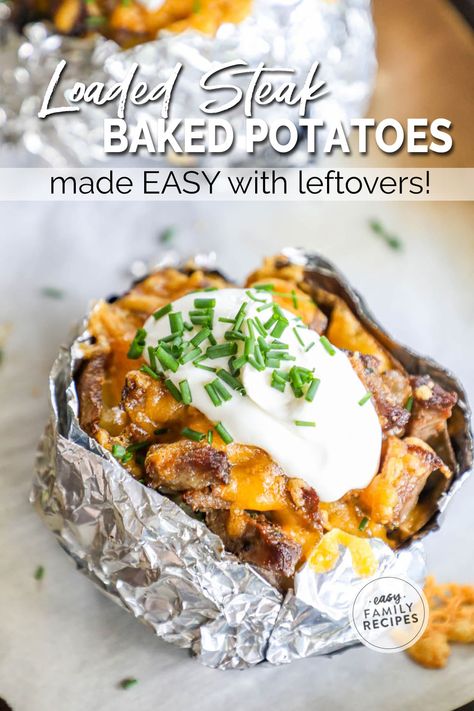 Steak Garlic Butter, Steak Baked Potato, Steak And Baked Potato, Baked Potato Dinner, Leftover Steak Recipes, Beef Recipes Easy Dinners, Leftover Baked Potatoes, Baked Potato Recipe, Asian Steak Bites