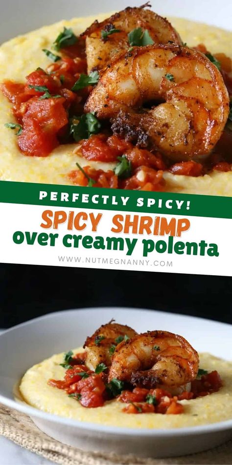 This spicy shrimp over creamy polenta is perfectly spiced and full of smoky flavor. Made with fresh shrimp, spicy tomatoes, and creamy cheesy polenta. Shrimp And Polenta, Cheesy Polenta, Cooked Shrimp Recipes, Cooked Shrimp, Fresh Shrimp, Dinner Favorites, Polenta Recipes, Night Recipes, Creamy Polenta