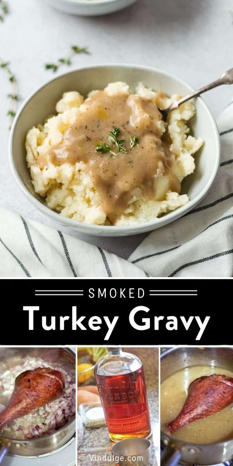 This Smoked Turkey Gravy is truly the most delicious gravy to serve alongside your turkey for Thanksgiving or holiday dinner. And did you know you can make Smoked Turkey Gravy for Thanksgiving without a smoker? Whaaaat? Yes! And you don’t even need to catch any turkey drippings. We have the greatest shortcuts for your gravy this year! Best Smoked Turkey, Grilled Turkey Recipes, Turkey And Gravy, Best Turkey Gravy, Holiday Dinner Recipes, Smoked Turkey Legs, Cooking Thanksgiving Dinner, Turkey Gravy Recipe, Smoked Turkey Recipes