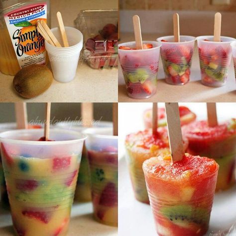 Frozen fruit cups Fruit Lollies, Types Of Ice, Fruit Pops, Fruit Popsicles, Popsicle Recipes, Summer Snacks, Healthy Work Snacks, Snacks For Work, Frozen Fruit