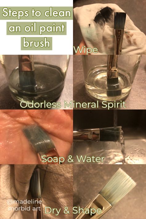 Steps to clean an oil paint brush | wipe off all excess paint, jars of odorless mineral spirit, soap and water to clean out any more paint, dry immediately and reshape with fingers | how to clean up after a painting How To Clean Brushes Paint, How To Use Oil Paints For Beginners, Quick Oil Painting, Oil Paint Materials, Oil Painting Tricks, Oil Painting Tools, Tutorial Oil Painting, Oil Painting Tips And Tricks, Oil Painting Techniques Step By Step