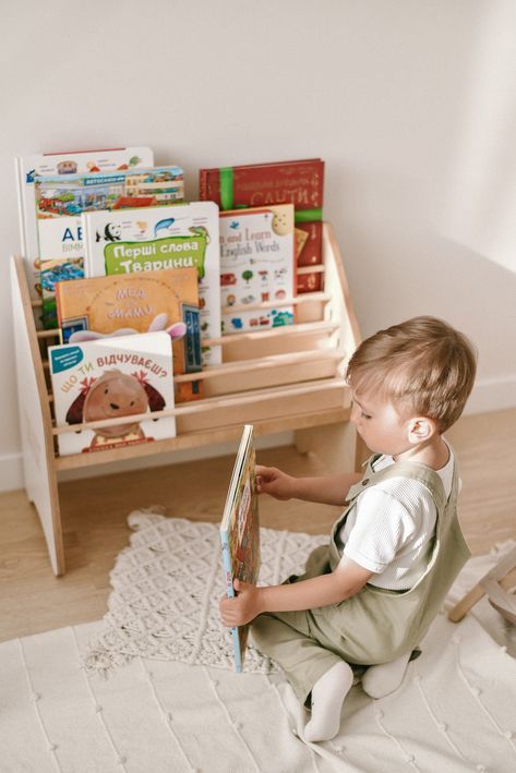 KoreTech Bookshelf for Toddler Wooden Book Display Shelf for Toddler Bookcase (Single Bookshelf) Toddler Room With Tall Dresser, Neutral Montessori Bedroom, Nursery Floor Bookshelf, Montessori Bookshelf Ikea, Book Shelves For Nursery, Bookshelf Toddler Room, Bookshelves For Nursery, Montessori Book Storage, Montessori Book Shelf