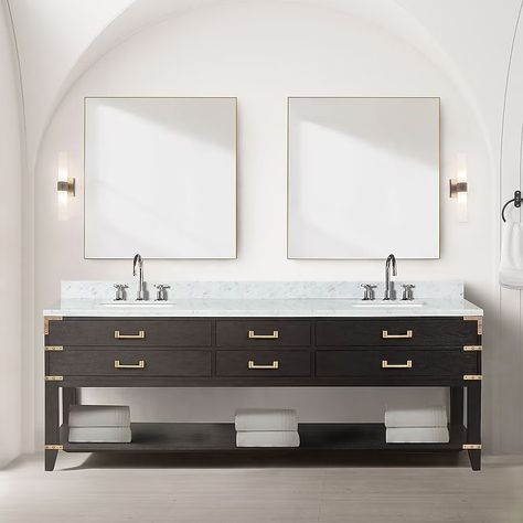 Lexora Greenberg 84-in Brown Oak Undermount Double Sink Bathroom Vanity with White Marble Top at Lowes.com Sleek Bathroom, Double Bath, Carrara Marble Countertop, Chrome Faucet, Double Sink Vanity, Double Sink Bathroom, Vanity Countertop, Double Sink Bathroom Vanity, Double Bathroom